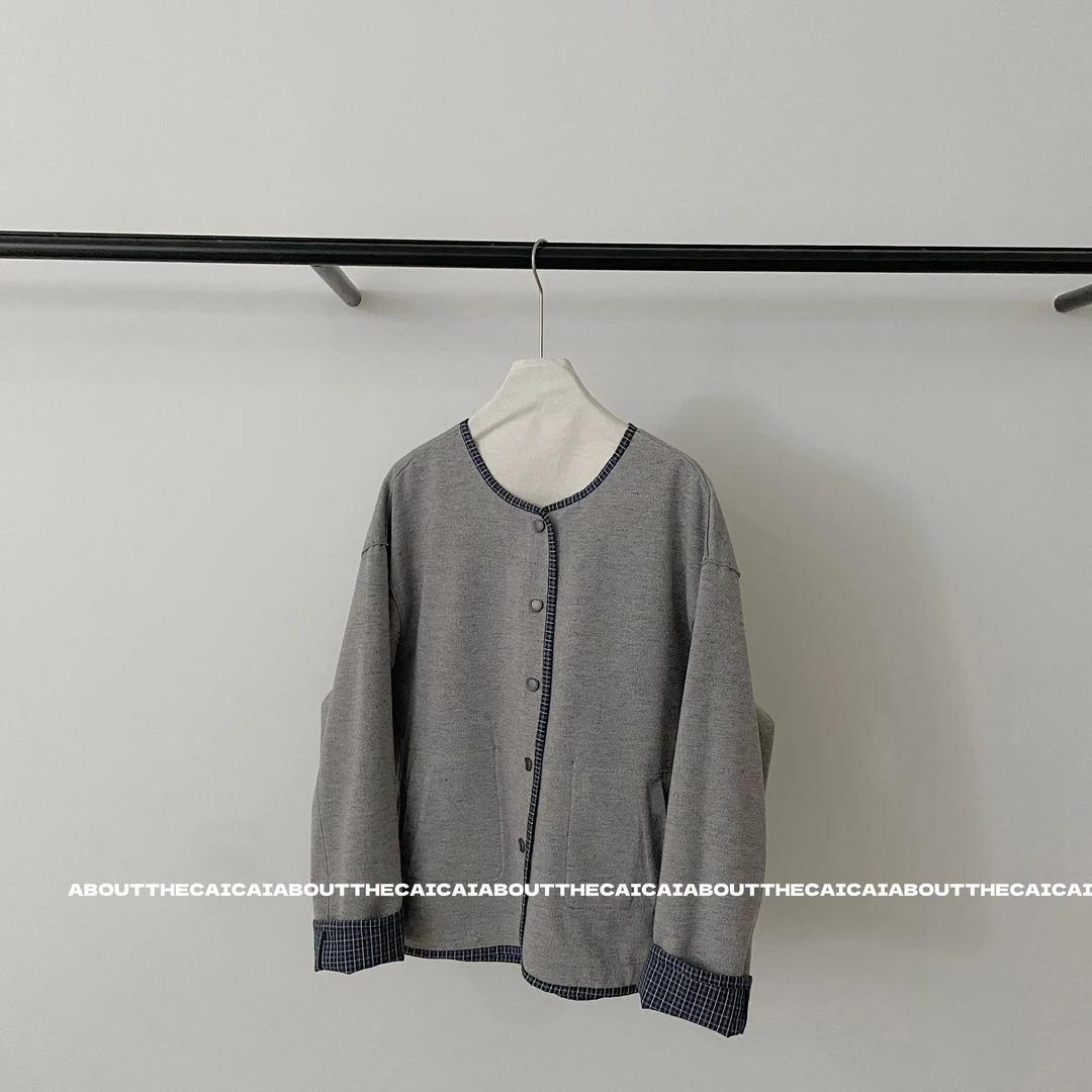 CAICAI无领双面穿条纹格夹克外套女新款韩系简约休闲百搭宽松上衣