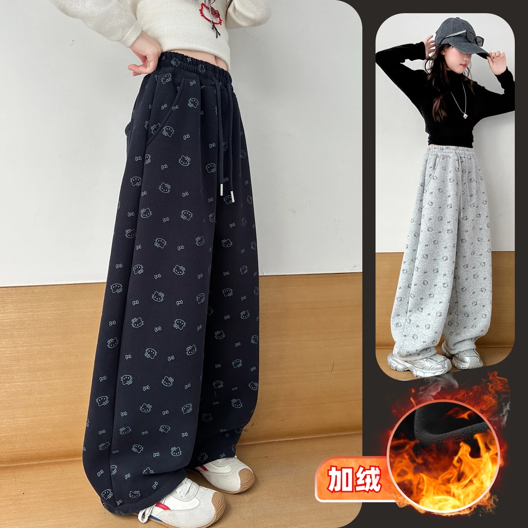 女童冬季卡通印花加绒休闲运动卫裤中大童儿童6-12岁洋气宽松潮款