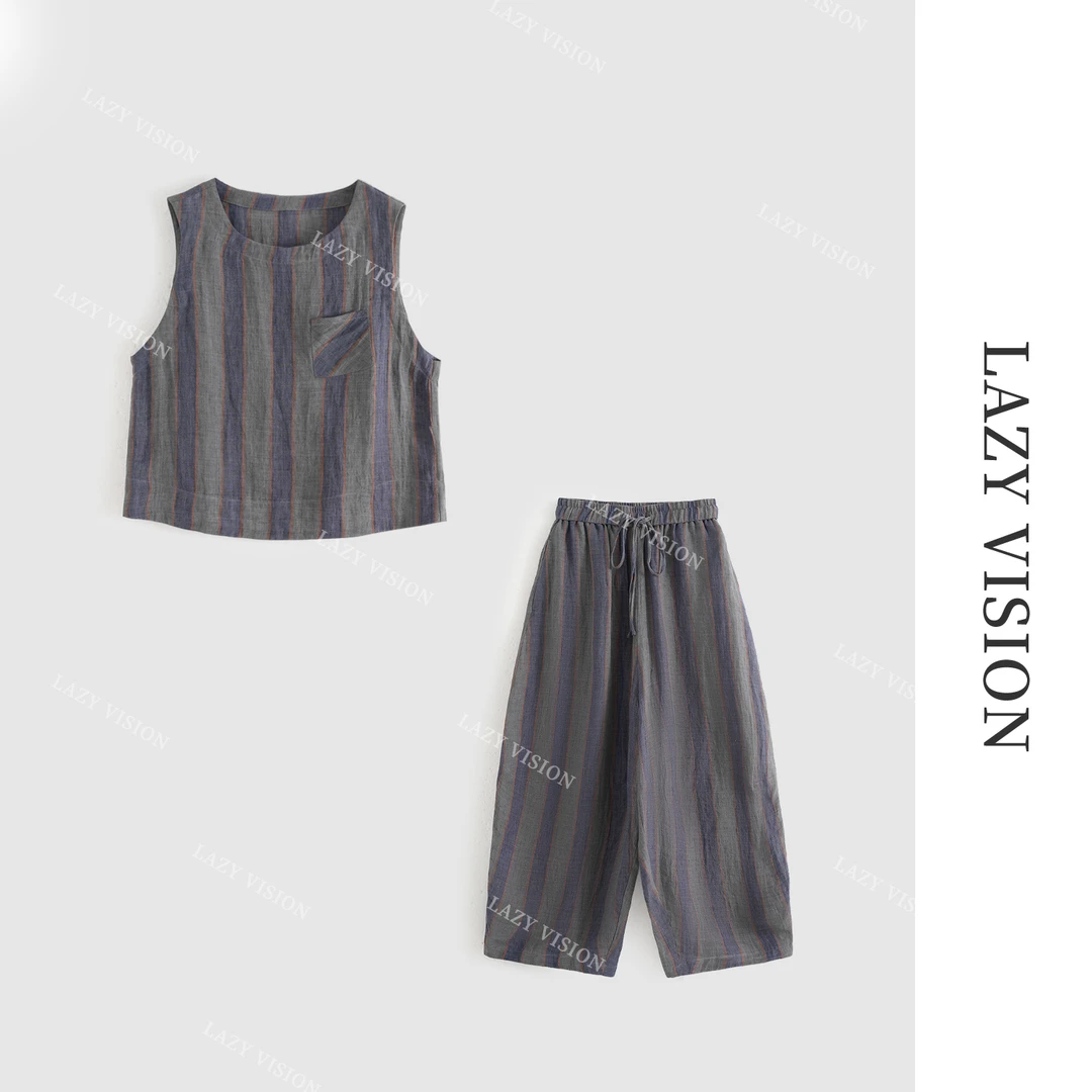 LAZYVISION/亚麻条纹设计休闲套装ZMD-30566