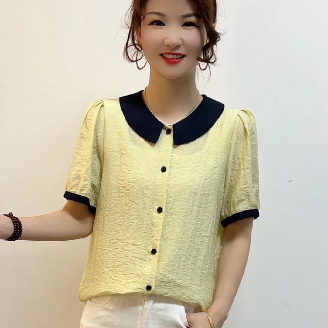 夏季新款拼色设计洋气妈妈装减龄显瘦娃娃领气质宽松薄款短袖小衫