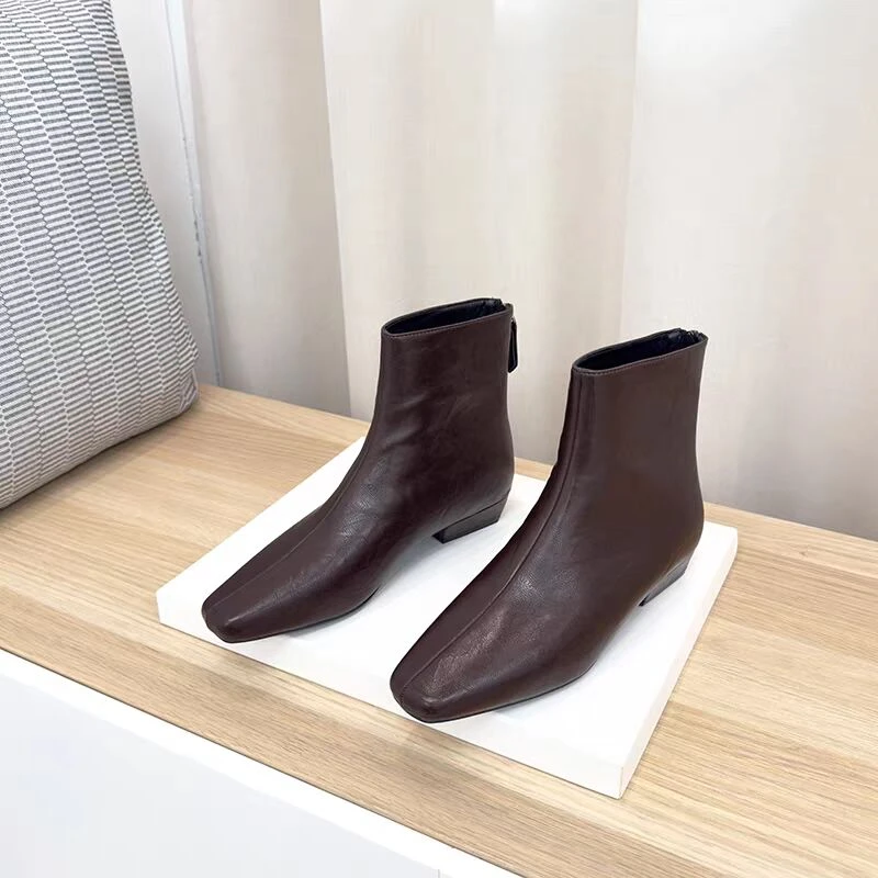 7567-1方头防滑粗跟法式极简风方跟短靴高跟尖头靴子复古