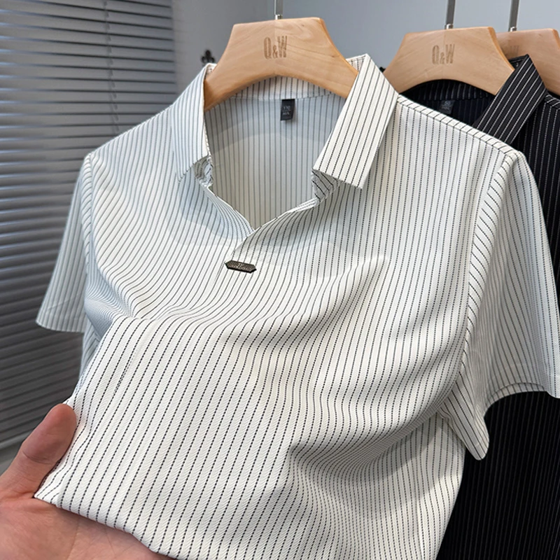 汤米劳尔保罗竖条纹冰爽丝短袖t恤男商务休闲夏装中年人polo衫男