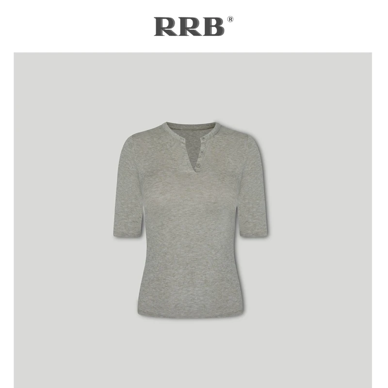 RRB 春夏新品“精致百搭”天丝羊毛三粒扣弹力修身显瘦打底中袖上衣