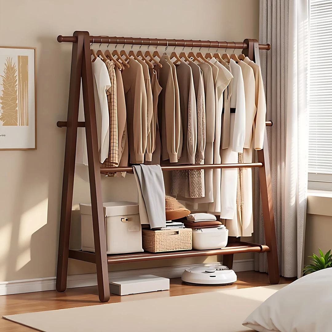 实木落地挂衣架卧室家用木质简易衣帽架可折叠房间室内衣服置物架