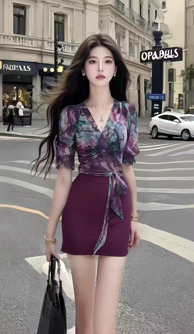 轻熟知性风撞色V领短袖修身收腰上衣+紫色包臀显瘦半身裙女两件套