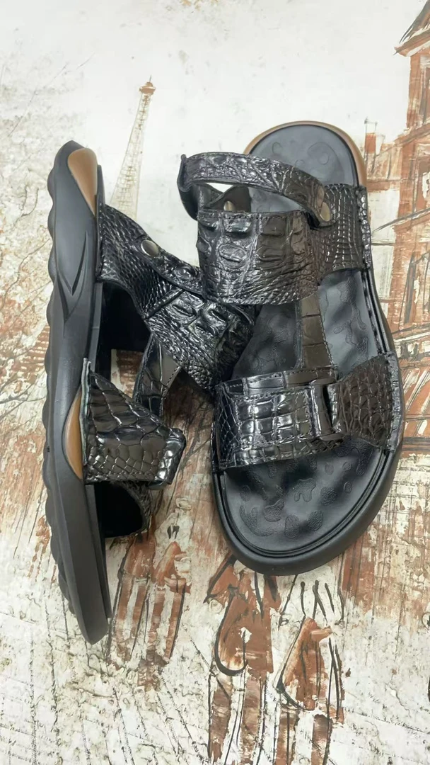 鳄鱼皮凉鞋男士休闲鞋手工缝线凉鞋