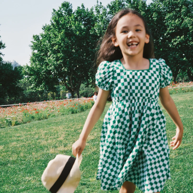 littlemoco童装夏装新款女童棋盘格泡泡短袖连衣裙#KBC2DRS041