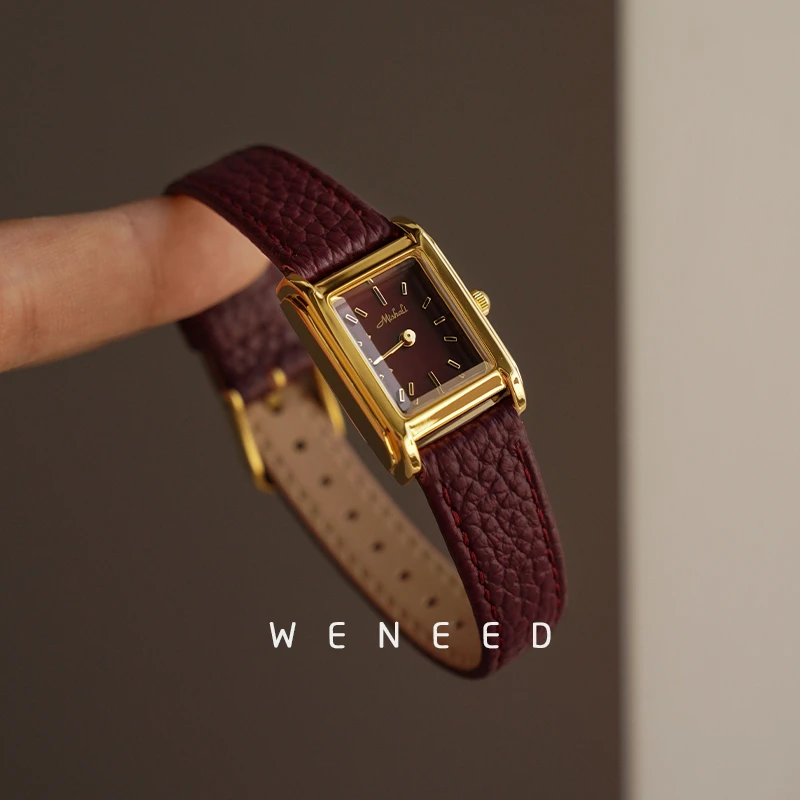 安可拉复古红手表女方形真皮小表盘2025新款时尚小众轻奢石英表