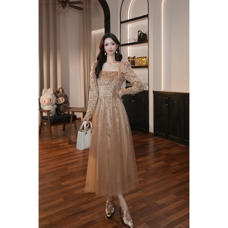 【滋滋定制】秋季新款方领复古收腰连衣裙气质法式名媛优雅21912