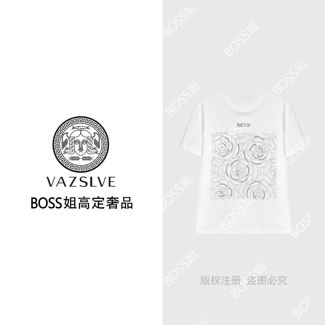 【VAZSLVE/原创设计】66990#简笔印花烫钻T恤衫2025夏百搭个性上衣