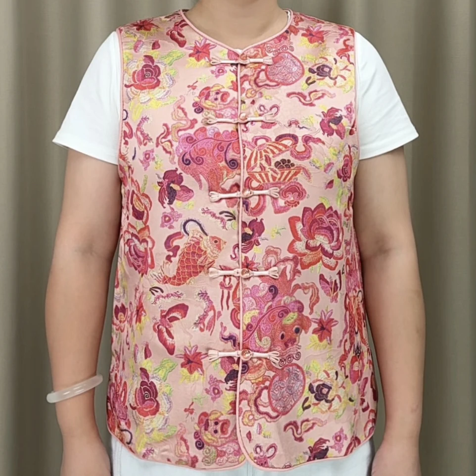 宽松型常规复古女马夹圆领薄款唐装时尚提花马甲夏季