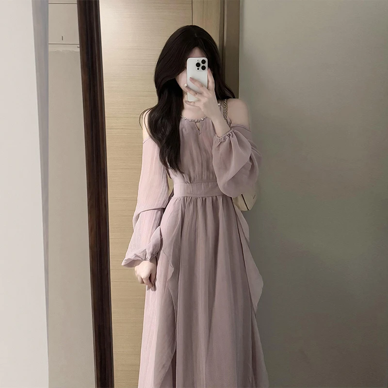 2025早秋新款法式温柔风小个子紫色荷叶边露肩泡泡袖雪纺连衣裙女