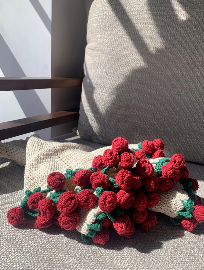 【成品高质量】雪妃尔五股玫瑰花束毯子材料包成品玫瑰花沙发盖毯