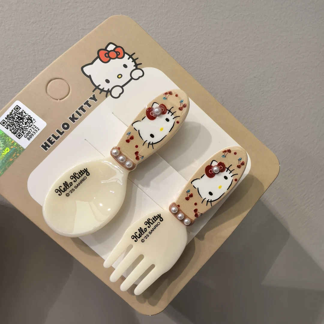 F567红色樱桃勺子叉子小KT猫咪边夹一对