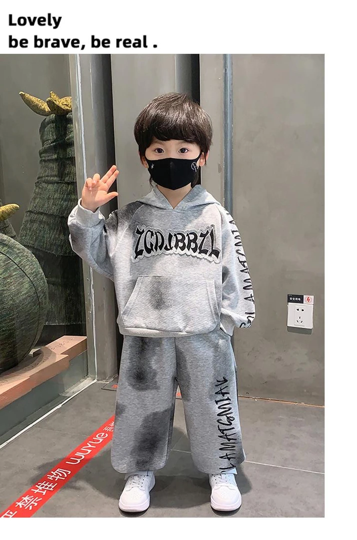 男童春秋季新款时尚休闲长袖套装洋气连帽上衣+宽松潮酷痞帅童装