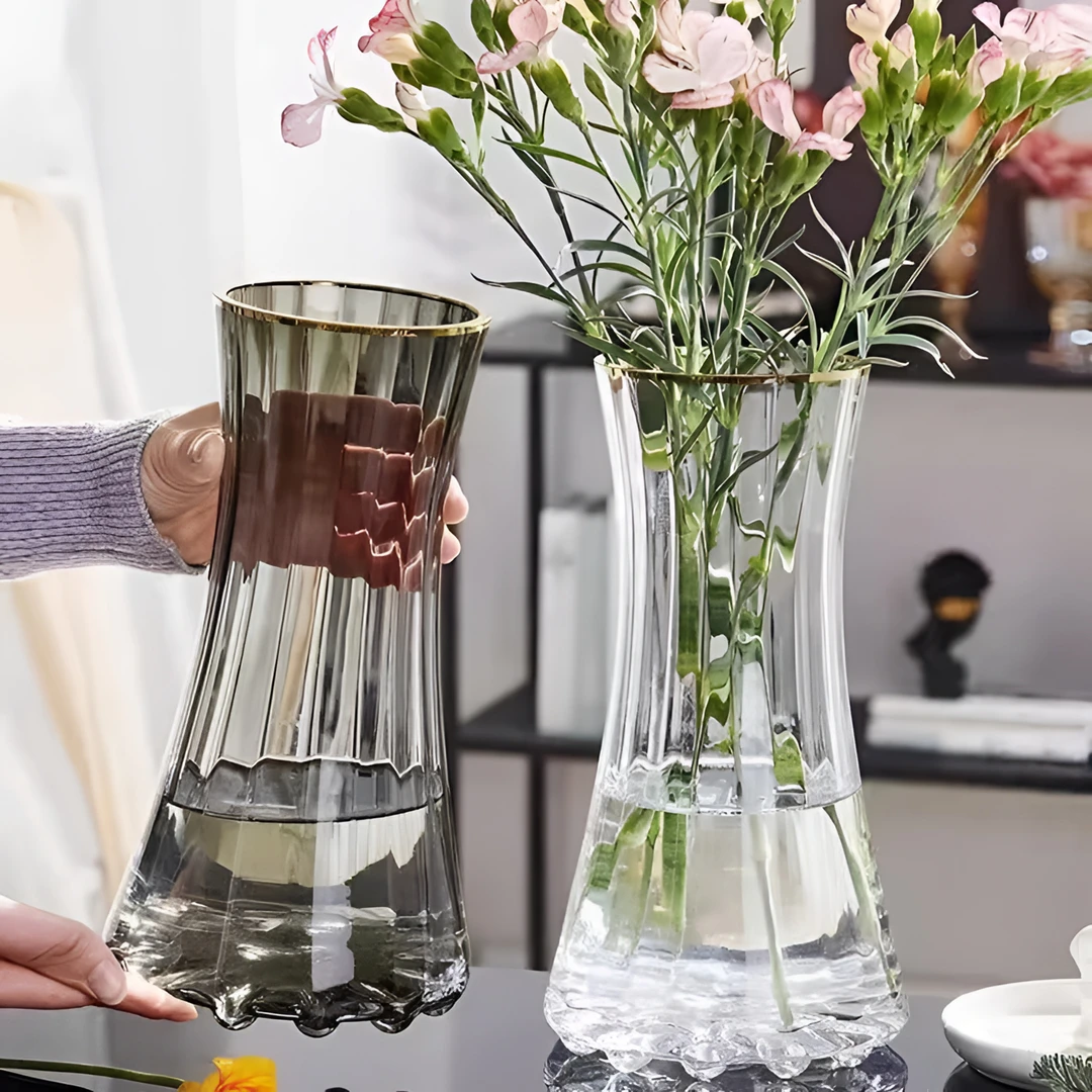 轻奢家居描金透明玻璃花瓶超厚插花器水培鲜花北欧风简约桌面摆件