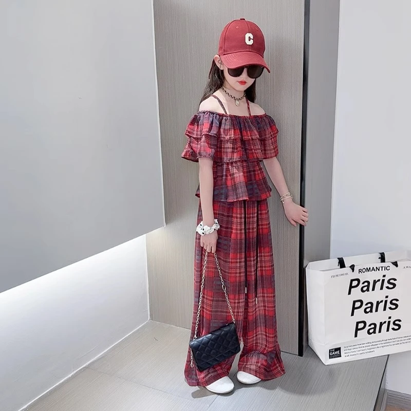女童吊带露肩上衣长裤两件套2025夏季女孩复古红色格子时尚套装潮