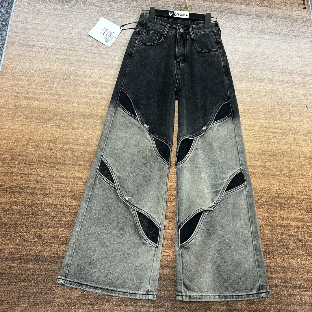 B11-2032 黑色渐变美式小众设计款工装阔腿裤 无弹（不换退）