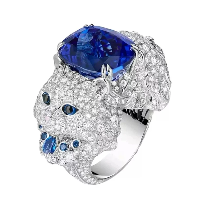 925银合成锆石戒指 925银镀金动物高珠双头豹猫戒指