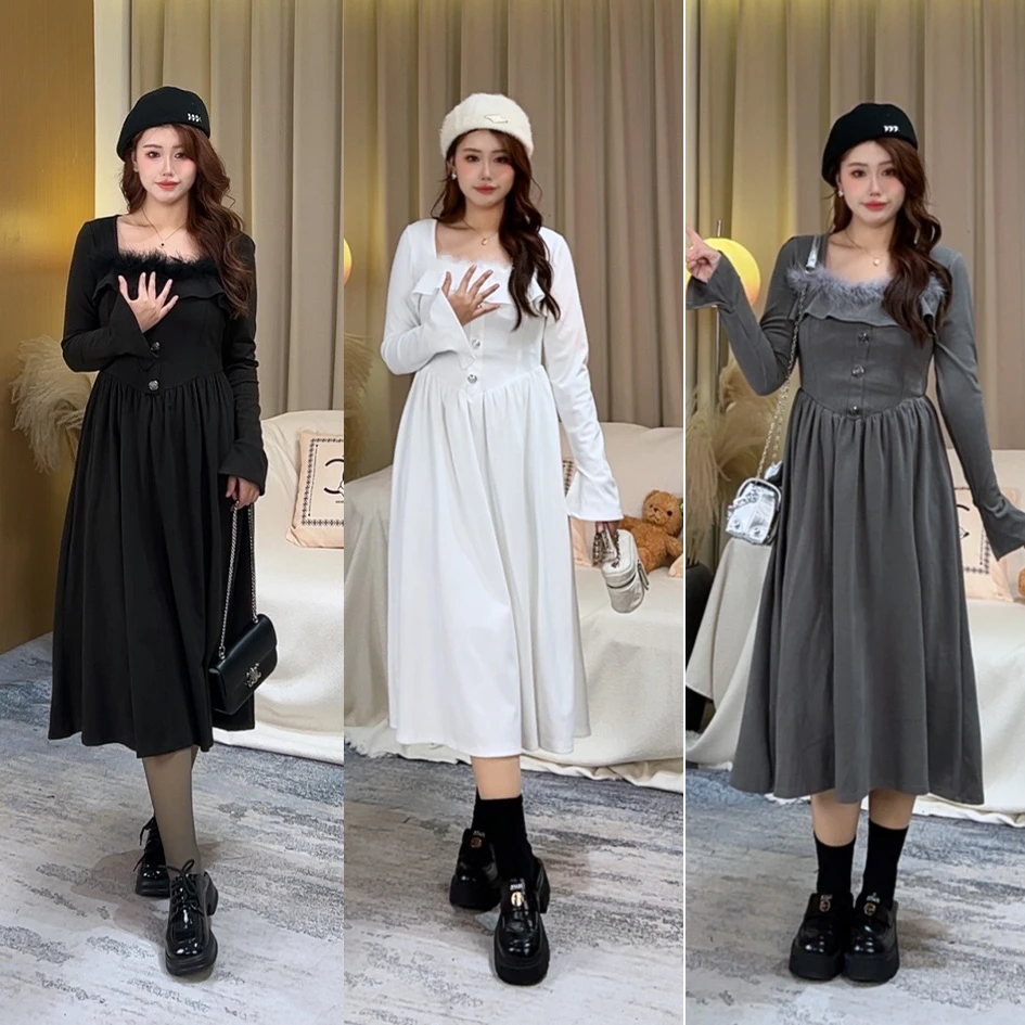 炒几显瘦~微胖mm秋冬甜辣妹连衣裙收腰显瘦纯欲蛋糕裙短裙W0014C