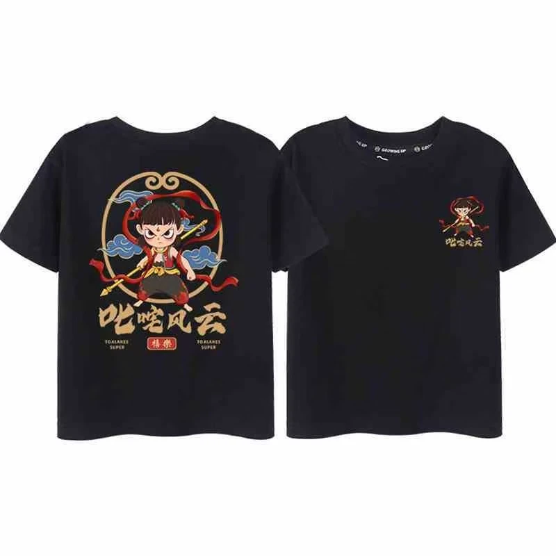 款夏季国潮个性百搭宽松休闲潮流哪吒印花男女圆领短袖废土风T恤