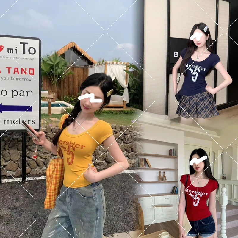 【有运费险】美式辣妹U领印花字母设计感显瘦夏季百搭休闲短袖T恤女