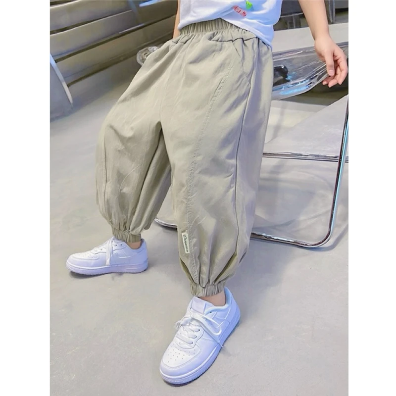 【100%棉薄裤子】儿童夏季纯棉男女童工装裤中大童纯色拼接休闲裤