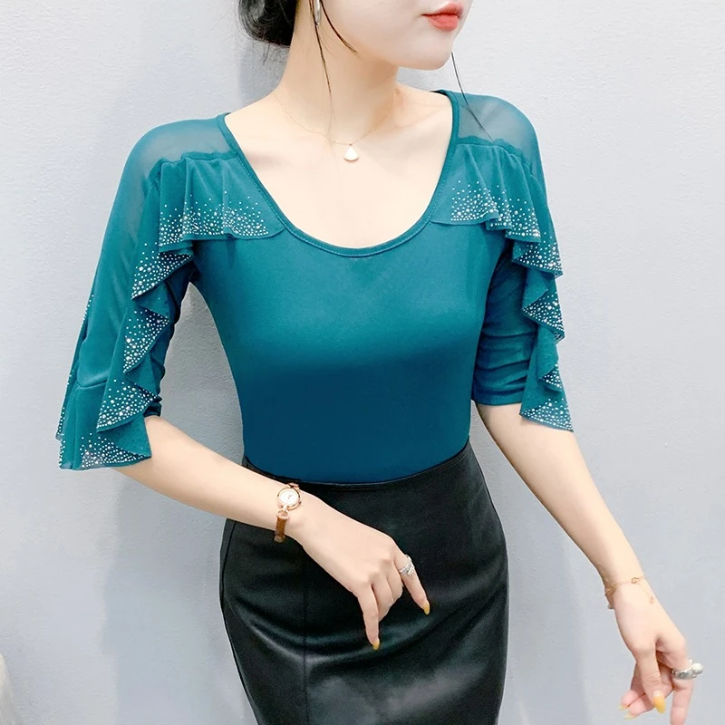 YX-854夏季新款网纱时尚圆领镂空重工荷叶边烫钻百搭长袖女上衣