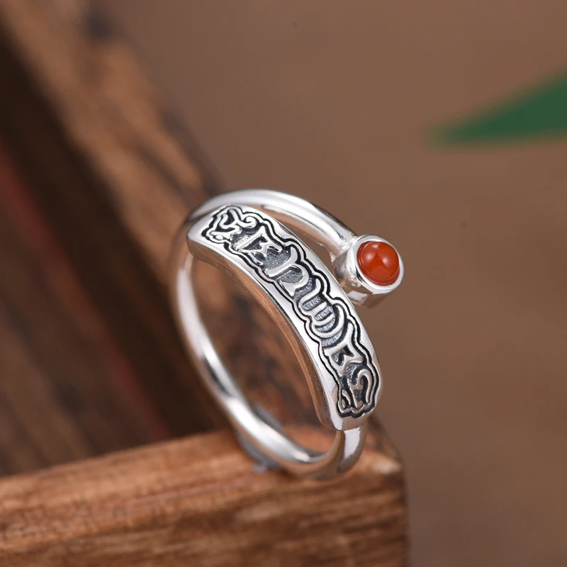 银S925镶嵌南红复古做旧六字箴言吉祥轻奢风创意个性百搭开口戒指
