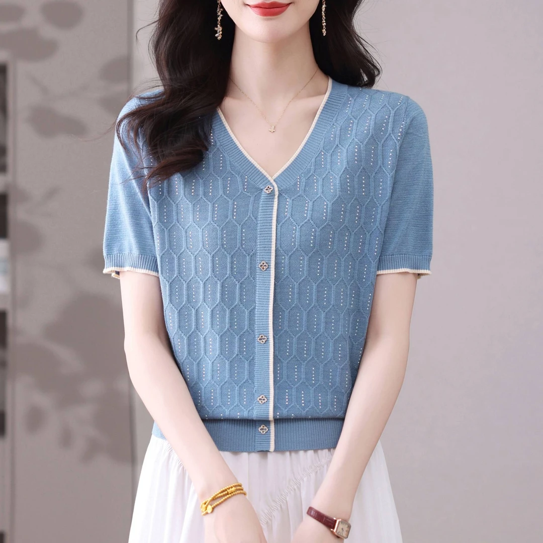 V领冰丝针织短袖女2025夏季新款薄款显瘦上衣XM-56269