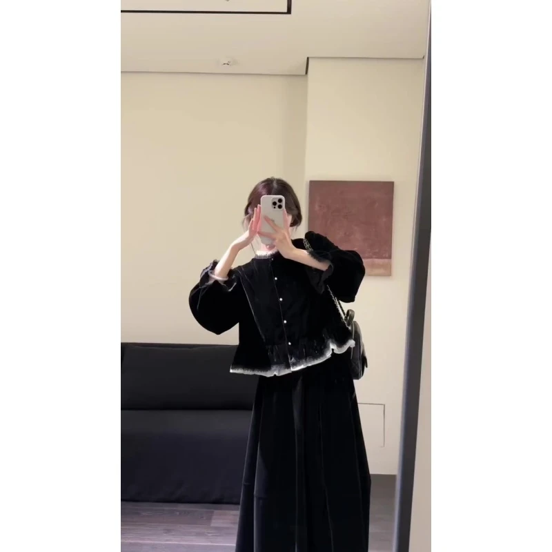 parkyeon贵气感千金秋冬新款撞色荷叶领蕾丝拼接上衣百褶半身裙