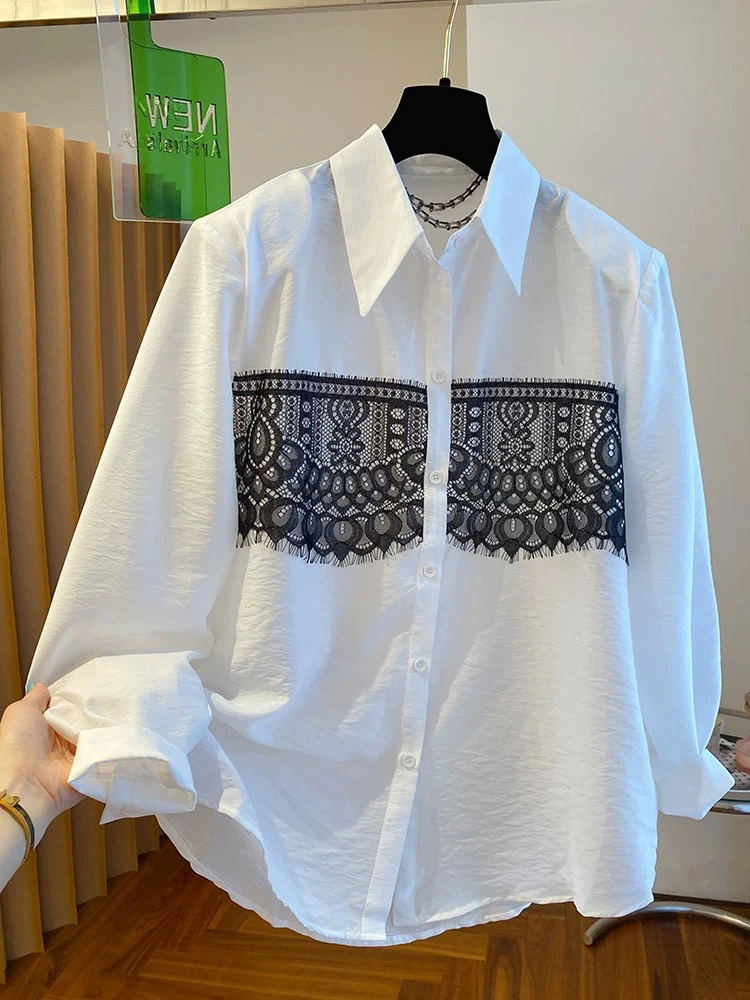 高级感蕾丝拼接白色长袖衬衫女秋2025新款宽松洋气漂亮垫肩上衣潮