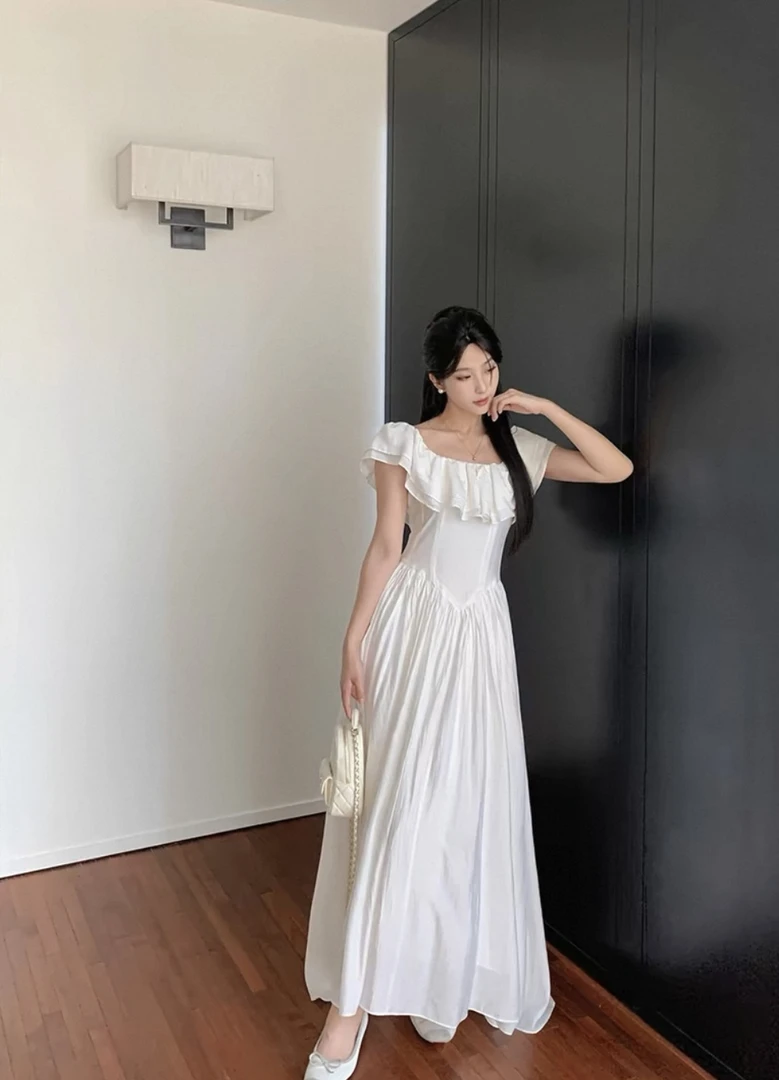 长款森系复古遮肩膀连衣裙痞帅纯色一字肩夏季短袖