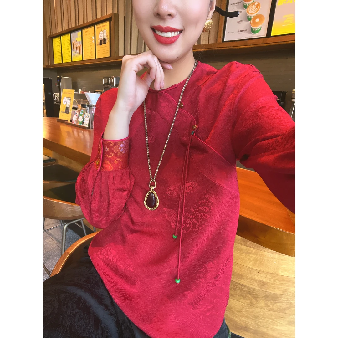 【老罗家】原创真丝衬衫桑蚕丝花罗提花国风显瘦圆领长袖气质衬衣