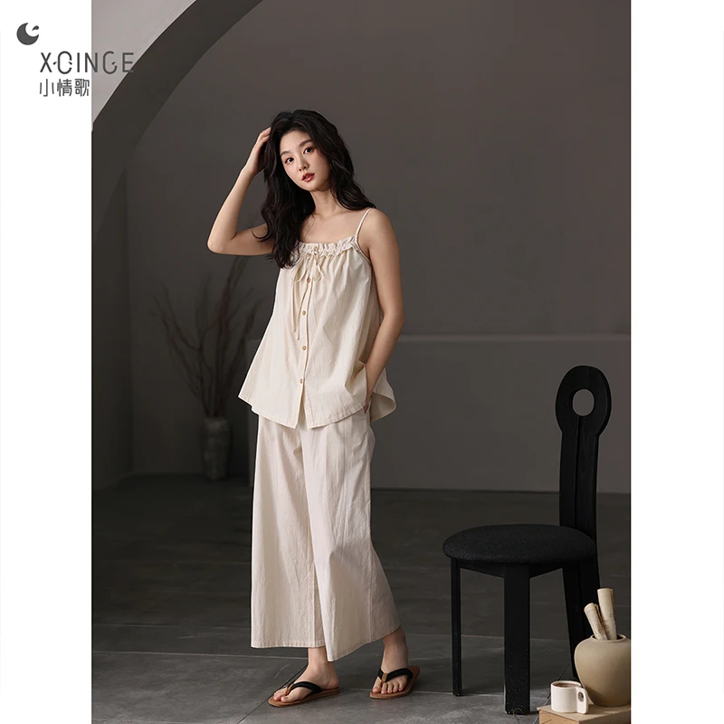 带胸垫吊带睡衣女夏季纯棉2025年新款夏天薄款可外穿家居服套装