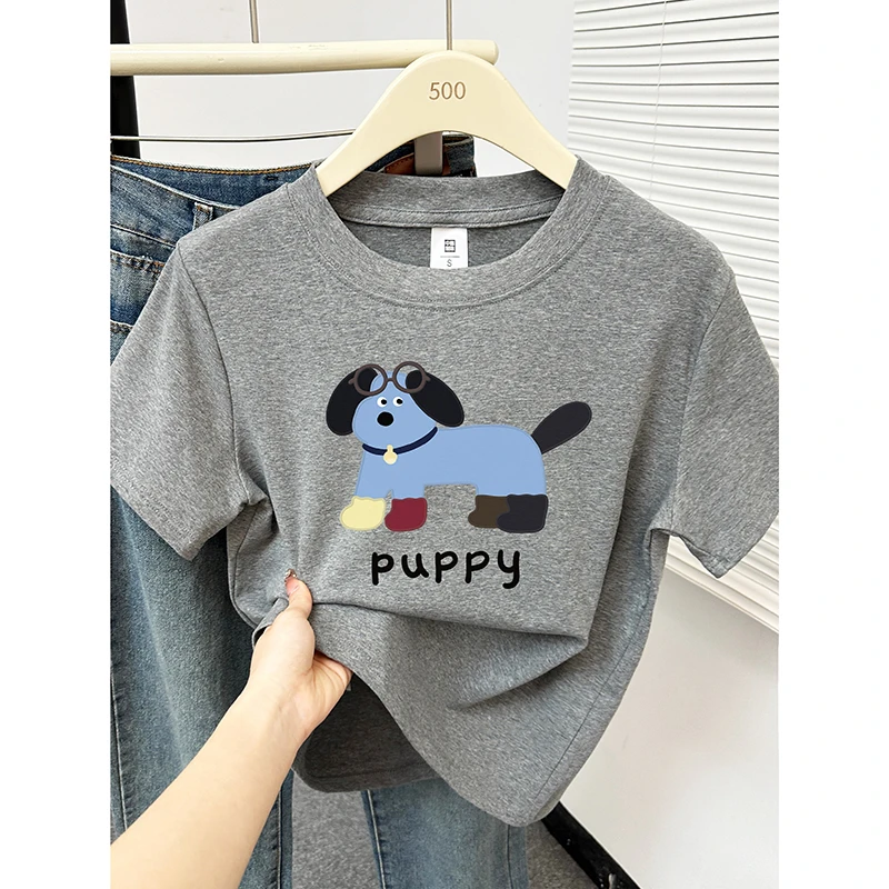 洋气小狗印花圆领大码胖mm短袖T恤女夏季新款韩版时尚正肩上衣潮