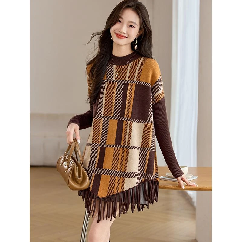 法芬图复古格子不规则流苏毛衣裙女秋冬2025新款中长款打底针织衫