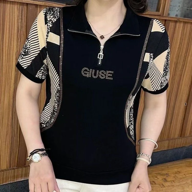 2025新款拼接妈妈小衫中老年拉链半开领衬衫夏季洋气镶钻短袖上衣