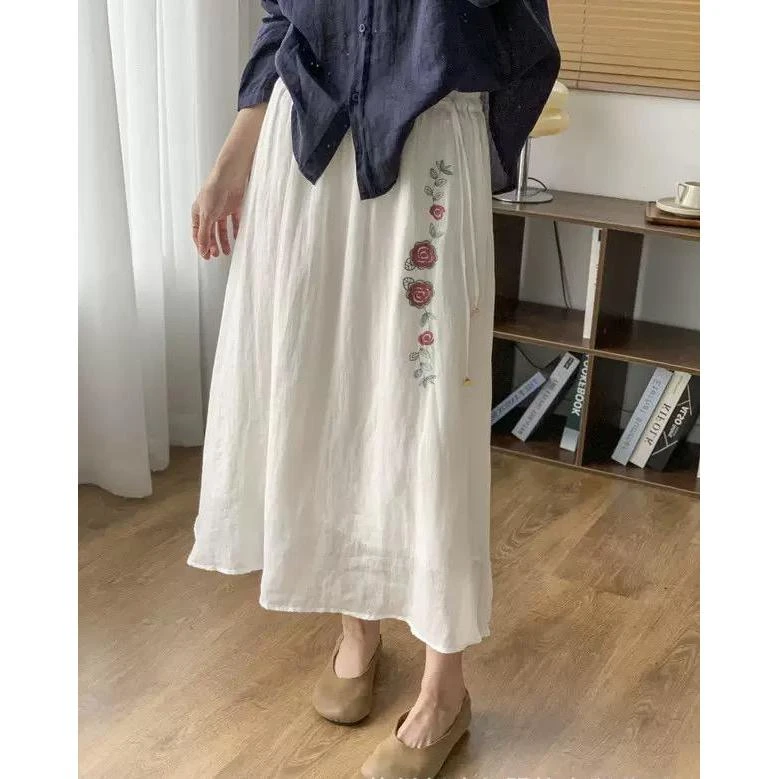 新款苎麻双层内包边松紧腰刺绣文艺显瘦半裙X250529BQ1