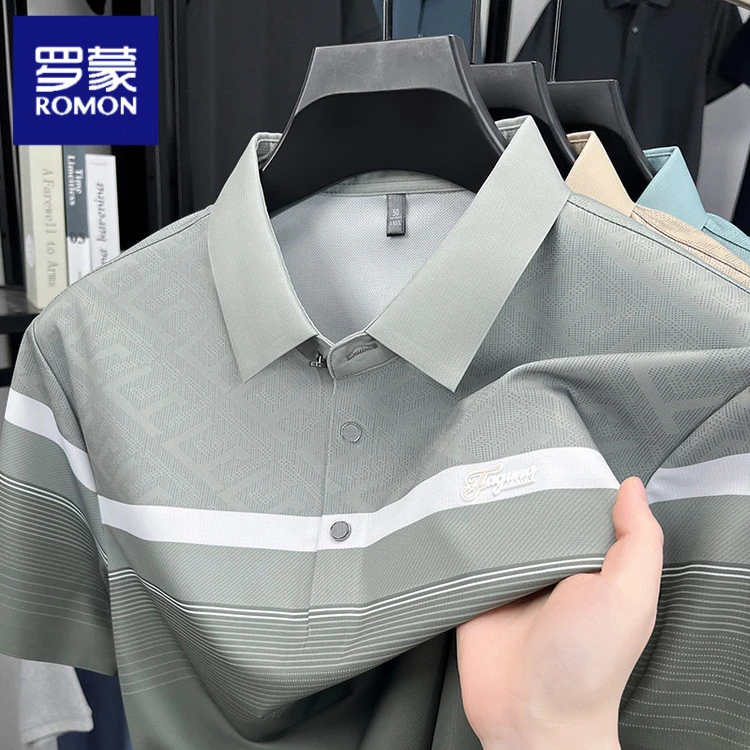 罗蒙2025年夏季新款时尚休闲短袖POLO衫男装商务经典条纹宽松透气