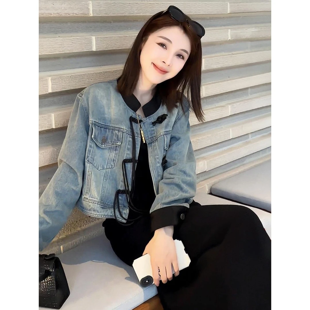 新中式国风拼接撞色牛仔短外套女2025秋高级感洋气小个子盘扣上衣
