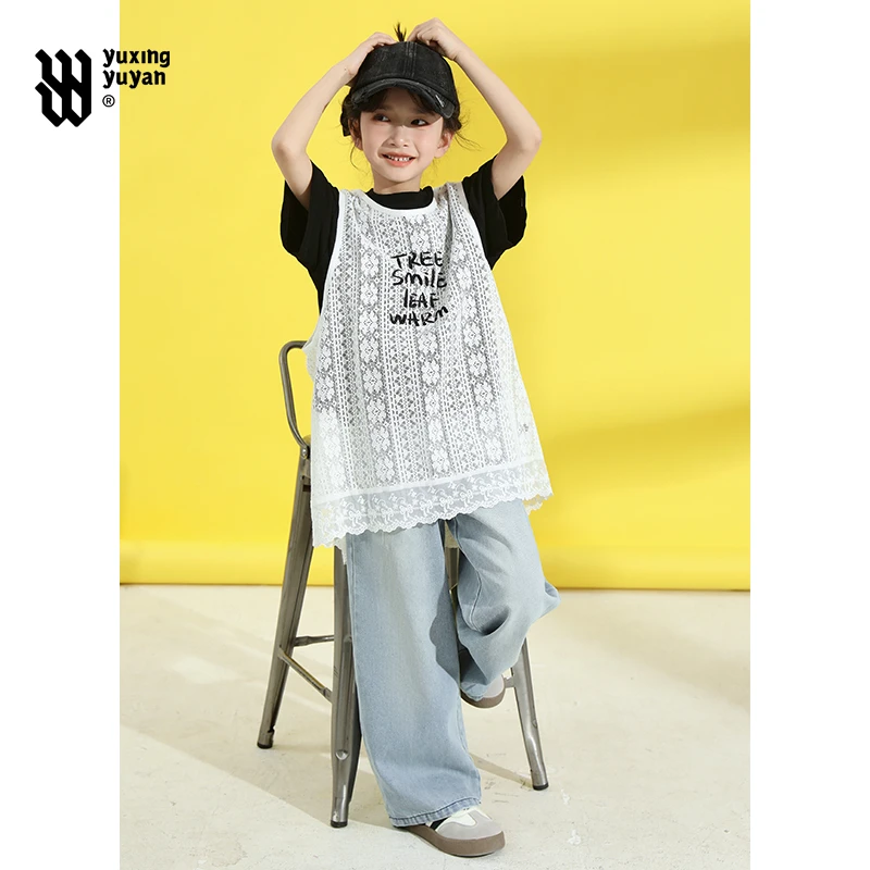 雨星雨嫣女童夏季T恤两件套2025新款大童儿童洋气中长款短袖9