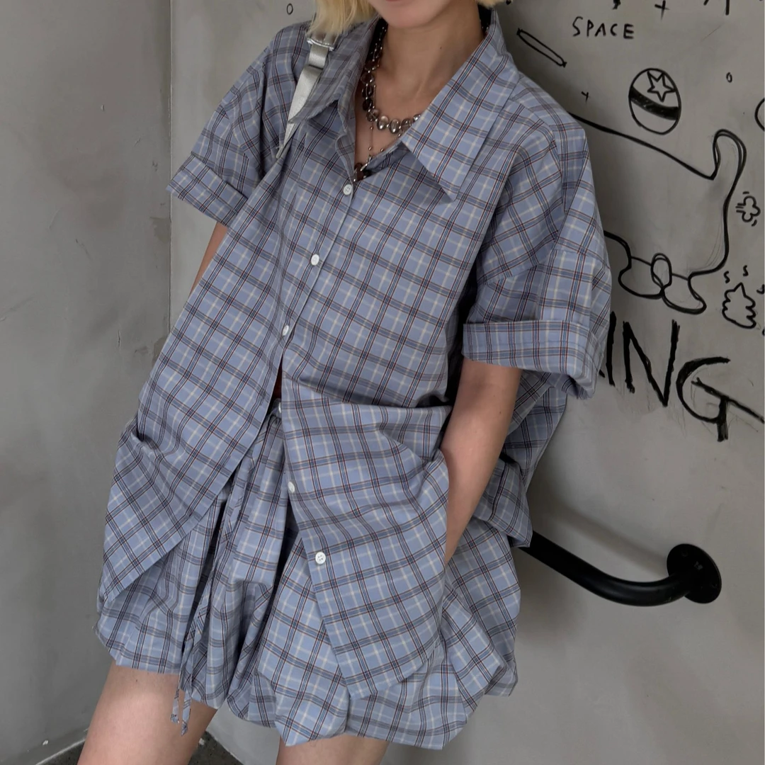 HELLOTANGO《电影颗粒感》春夏复古撞色质感百搭格纹衬衫253744#