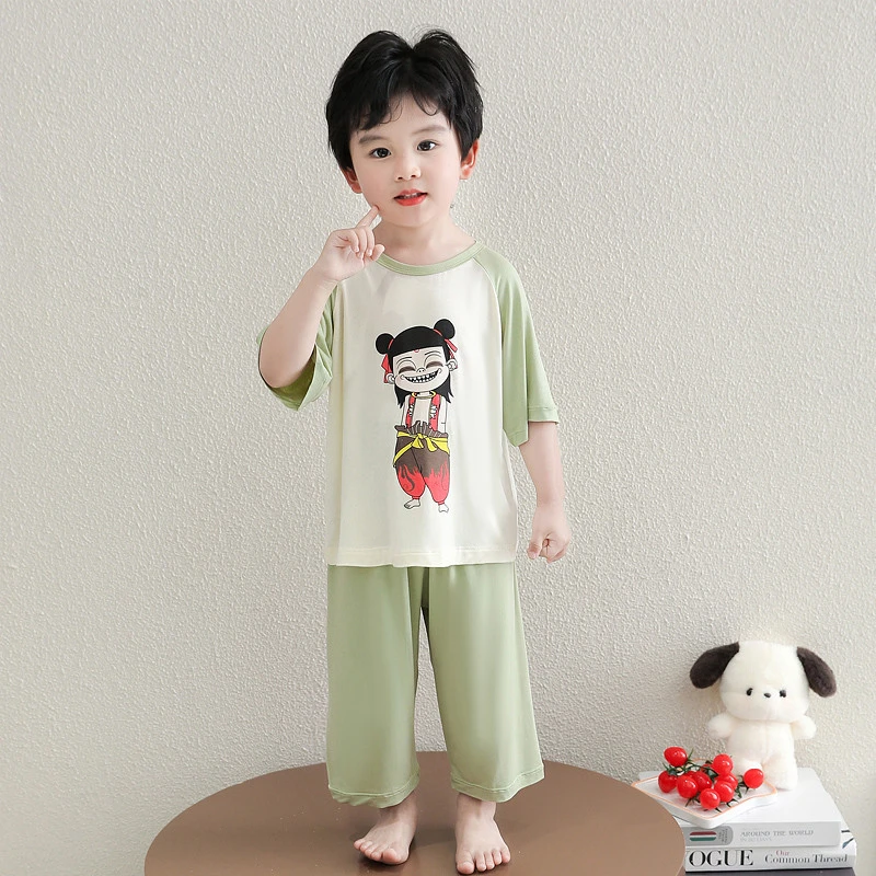 男童哪吒睡衣男孩夏季薄款莫代尔宝宝夏天七分袖空调服套装家居服