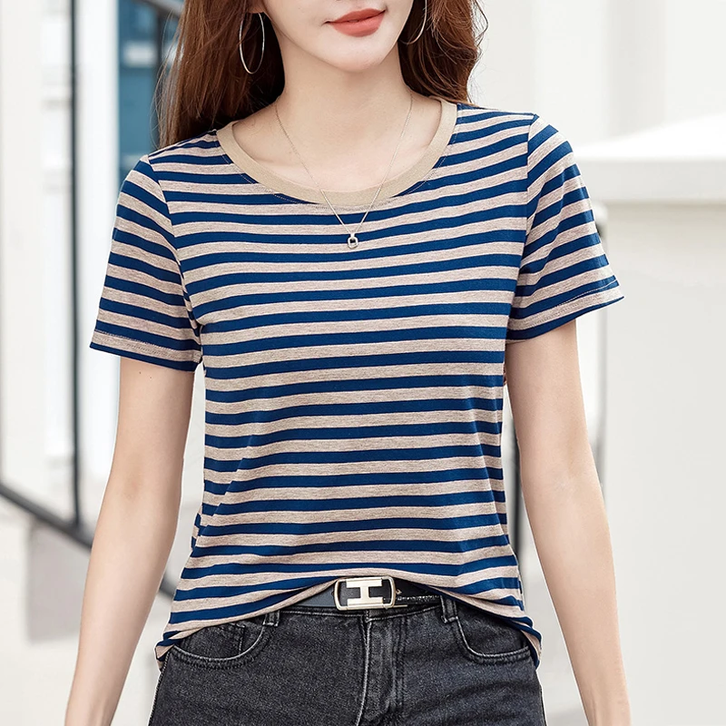25年夏季条纹短袖t恤女宽松洋气百搭撞色圆领半袖上衣