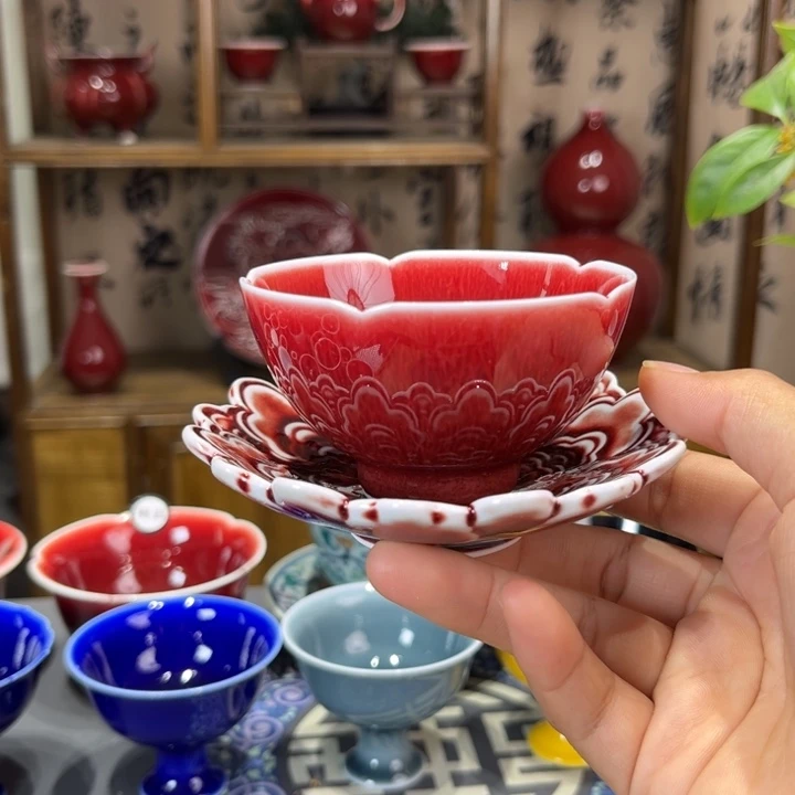 景德镇陶瓷浅行窑花口鸡心杯套组