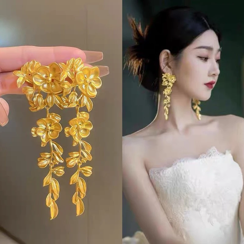 金色花朵流苏耳环高级感夸张气质个性显脸瘦耳钉耳饰 五金女孩