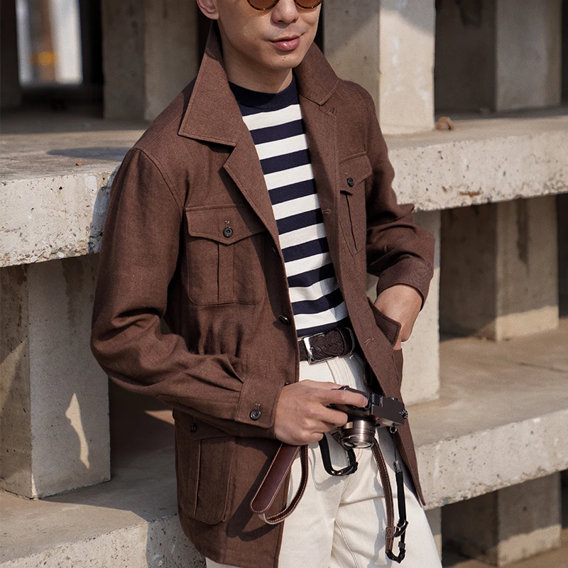 CM那不勒斯皇后棕咖色毛麻混纺牛仔单宁工装猎装Safari夹克114