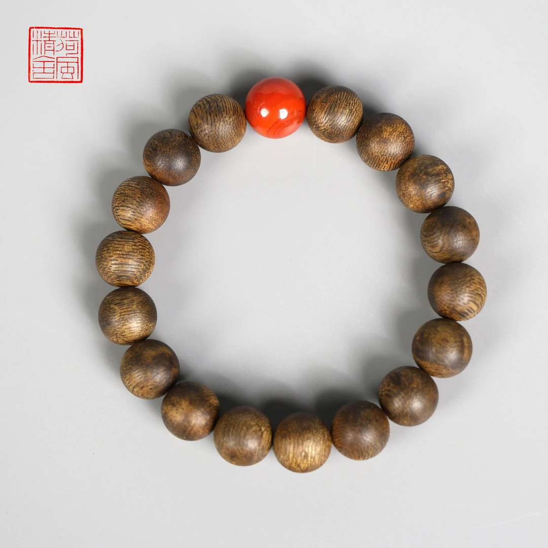 精品必拍 鸿运当头-海南沉香满结油1.2圆珠DIY南红单圈手串-CX148