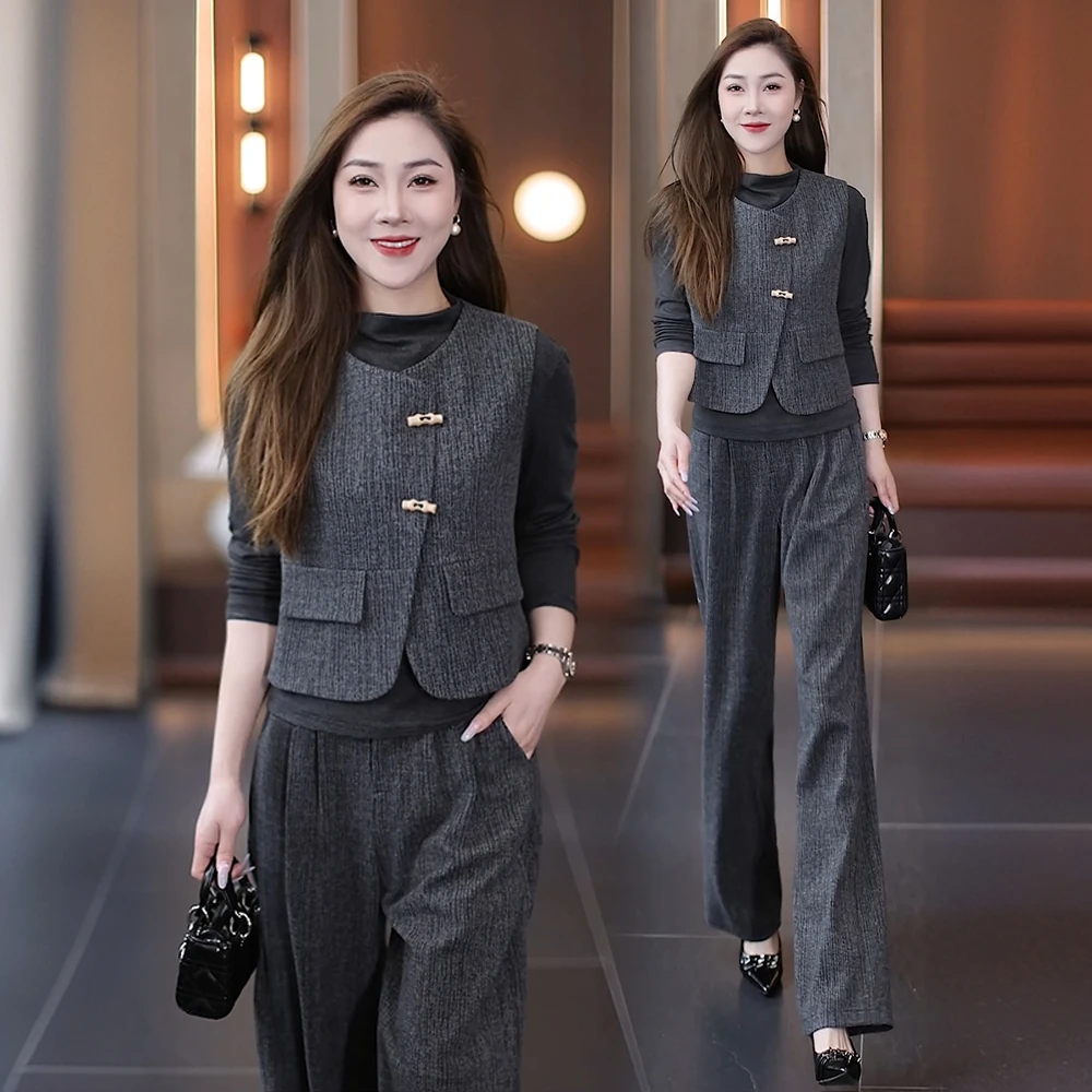 时尚高级感套装女2025春季新款洋气显瘦马甲打底衫阔腿裤三件套潮